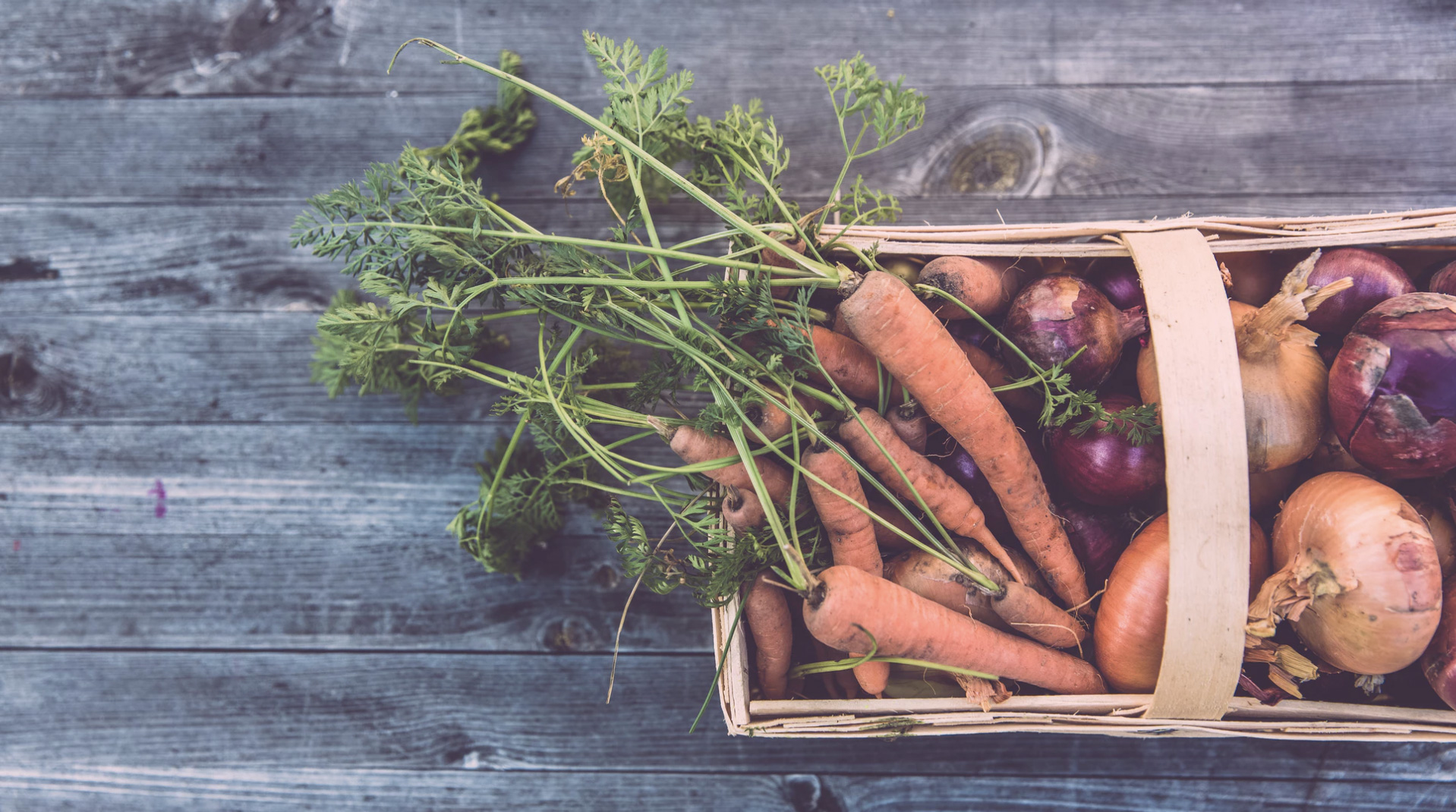 A box of carrots and onions that were freshly picked on a wooden table,.